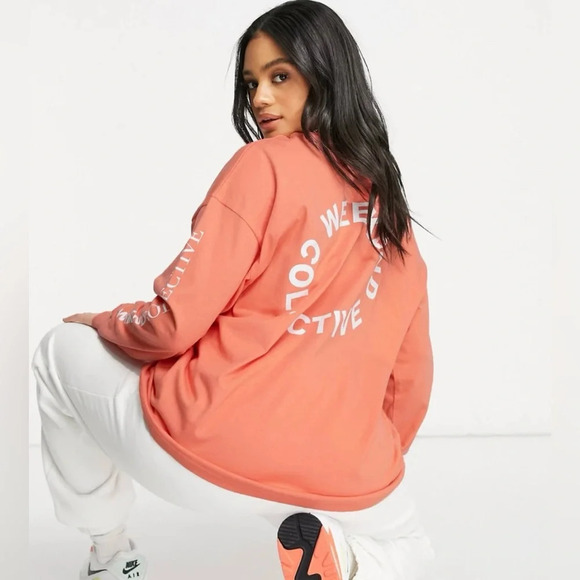 ASOS Design Weekend Collective Varsity Long Sleeve T-Shirt Orange White - Picture 1 of 10